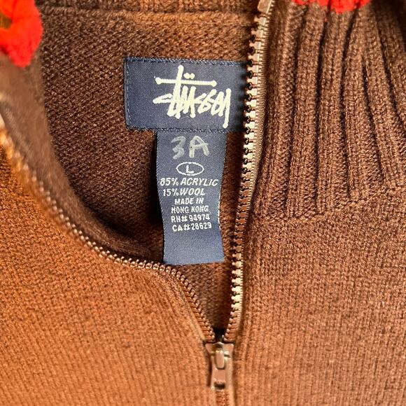 Stussy Y2K Wool Sweater Zip Mens Size Large Brown Red Trim Vintage - Picture 3 of 5